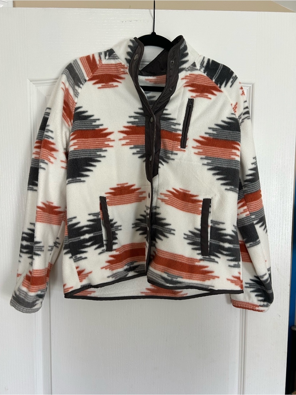 Aztec-Print Teddy Fleece Jacket - White with Rust & Charcoal